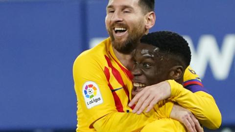 Ilaix Moriba celebrates his goal with Lionel Messi