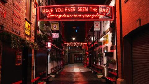 Lights outside the Duke of York pub in Belfast