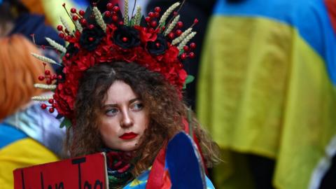 A protester against Russia's full-scale invasion of Ukraine demonstrates in Munich, Germany. Photo: 17 February 2024