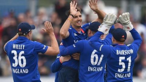 England celebrate a wicket