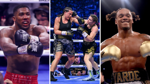 Split image of Anthony Joshua celebrating, Katie Taylor & Chantelle Cameron fighting and Anthony Yarde celebrating