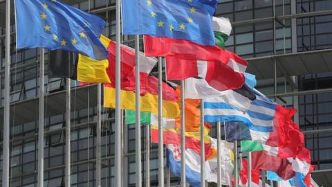 Flags of the European Union fly outside the European Parliament