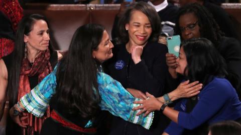 Deb Haaland embraces Rep. Pramila Jayapal