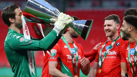 Salford City celebrate beating Portsmouth in the 2020 Papa John's Trophy final