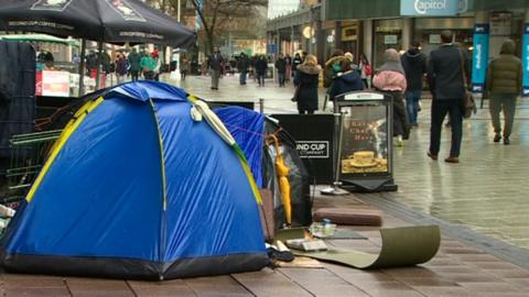 Tents on Queen Street in Cardiff