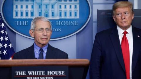Dr Anthony Fauci (left) and US President Donald Trump (right) at the White House in Washington DC. Photo: April 2020
