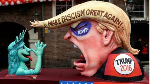 A carnival float mocking US Republican presidential candidate Donald Trump stands on display near city hall on February 8, 2016 in Duesseldorf, Germany