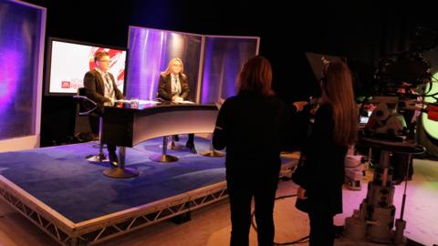 Students from Portadown College getting ready to present a live news bulletin