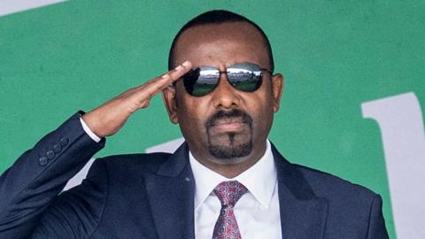Ethiopia's Prime Minister Abiy Ahmed salutes during the 116th celebration of Ethiopian Defense Force day in Addis Ababa, Ethiopia - 26 October 2023