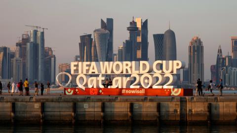 A view of the FIFA World Cup sign in-front of the Doha skyline