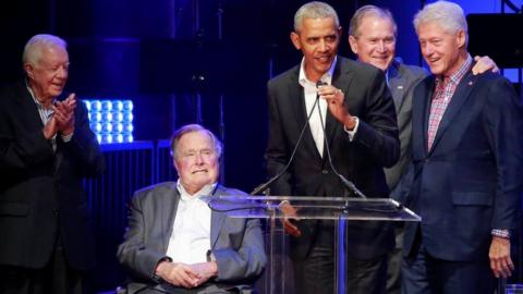 Five former U.S. presidents, Jimmy Carter, George H.W. Bush, Barack Obama, George W. Bush and Bill Clinton, speak during a concert at Texas A^M University benefiting hurricane relief efforts in College Station, Texas, U.S., October 21, 2017