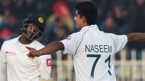 Naseem Shah celebrates a wicket