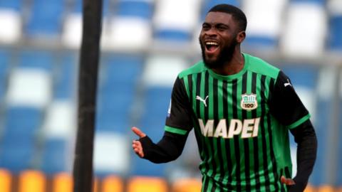 Ivory Coast's Jeremie Boga celebrates a goal for his Italian club Sassuolo