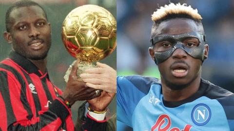 Composite image of George Weah receiving an award for AC Milan and Victor Osimhen playing for Napoli