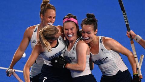 Great Britain celebrate Laura Unsworth's goal