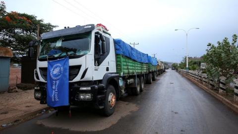 World Food Program (WFP) convoy trucks carrying food items for the victims of Tigray war are seen parked after the checkpoints leading to Tigray Region were closed, in Mai Tsebri town, Ethiopia June 26, 2021