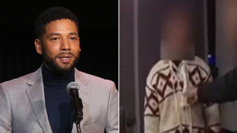 Jussie Smollett file picture and an image taken from a video showing him with a noose around his neck