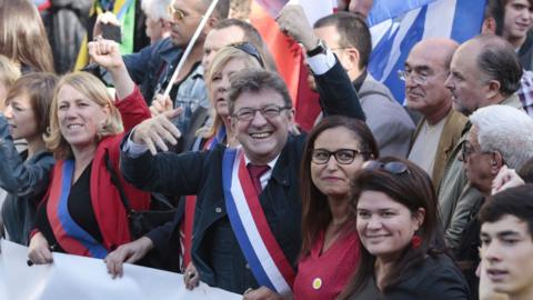 Leader of the leftist La France Insoumise party, Jean-Luc Mélenchon, at a demonstration in Paris, 23 September 2017