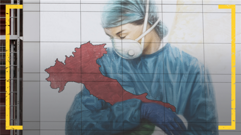 A mural dedicated to Italian medical workers depicts a nurse cradling Italy and reads: 'To All Of You... Thank You!', on a wall of Papa Giovanni XXIII Hospital on March 25, 2020 in Bergamo