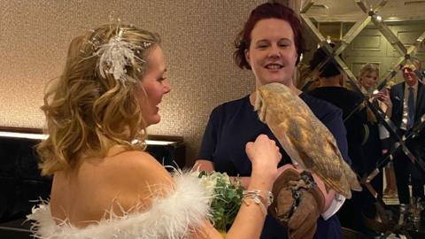 Dawn Derby with an owl on her wedding day