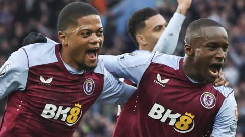 Aston Villa's Moussa Diaby celebrates with Leon Bailey after giving them the lead against Wolves