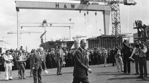The Duke of Edinburgh on a visit to Harland and Wolff in July 1977