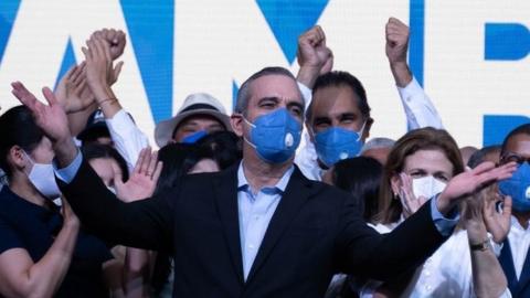 Luis Abinader celebrates at an election night event in Santo Domingo, Dominican Republic, 05 July 2020.