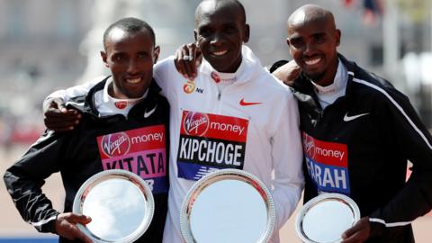 From left, Shura Kitata, Eliud Kipchoge and Sir Mo Farah at the 2018 London Marathon