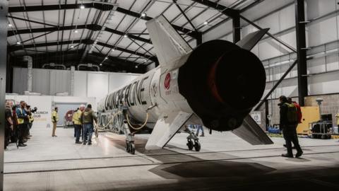 Undated handout photo issued by UK Space Agency of Virgin Orbit's LauncherOne rocket at Spaceport Cornwall, at Cornwall Airport in Newquay