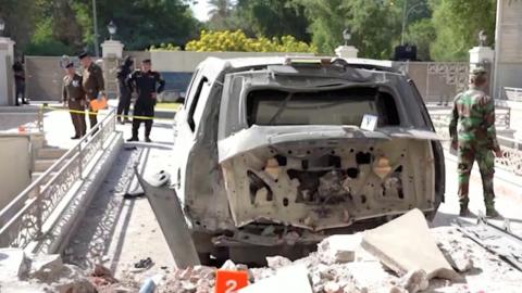 Vehicle damaged in drone attack on Iraqi Prime Mustafa al-Kadhimi's residence in Baghdad's Green Zone (7 November 2021)