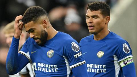 Reece James of Chelsea reacts during the Premier League match between Newcastle United and Chelsea FC at St. James Park on November 25, 2023 in Newcastle upon Tyne, England.