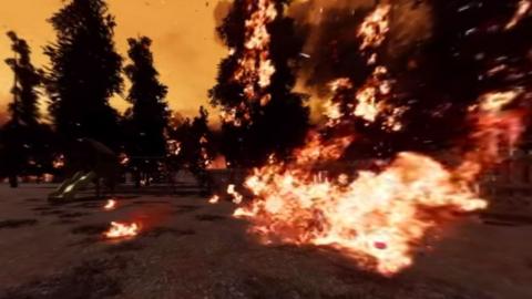 A scene from the simulation shows spotfires breaking out in front of a large blaze