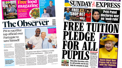 The headline in the Observer reads, "PM to sacrifice top official over Partygate to save himself", while the headline in the Express says, "Free tuition pledge for all pupils"