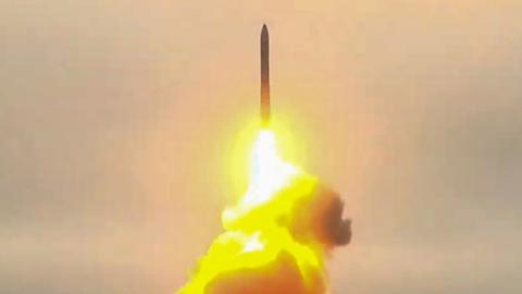 Pictured in this video screen grab is a Topol-M intercontinental ballistic missile test-launched from a missile silo at Plesetsk Cosmodrome