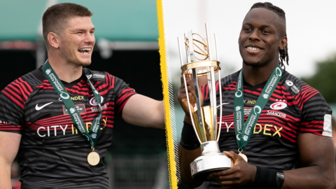 Saracens pair Owen Farrell and Maro Itoje celebrate promotion to the Premiership