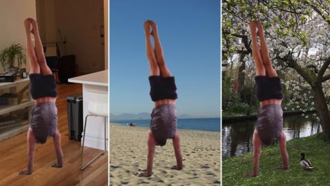 graphic showing a man doing a handstand in three different environments: in the kitchen, on the beach and in a park.