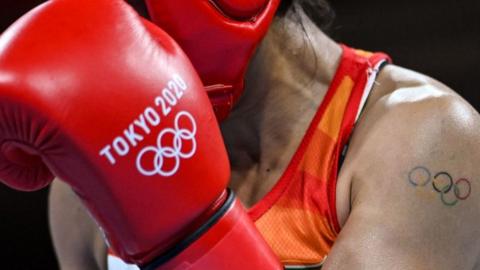 Boxer in action during the Tokyo 2020 Olympics