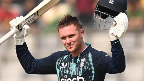 England's Jason Roy celebrates a century in second ODI v Bangladesh in Mirpur