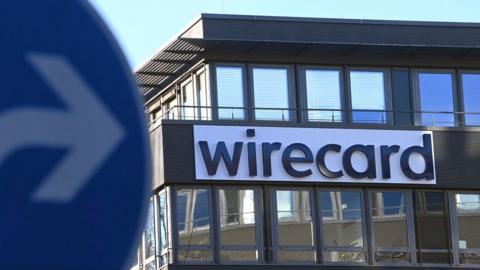 The logo of German payments provider Wirecard seen at the company's headquarters near Munich.
