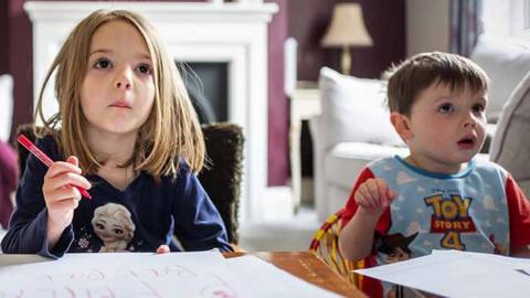 Portrait of the photographer's children at home, home-schooling