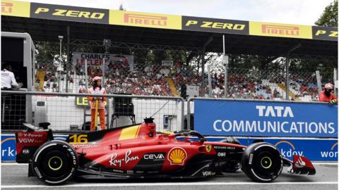 Charles Leclerc drives his Ferrari out of the pit lane for Italian Grand Prix first practice
