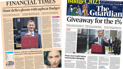 The headline in the Financial Times reads, "Hunt defies gloom with upbeat Budget", while the headline in the Guardian reads, "Giveaway for the 1%"