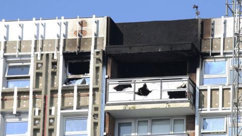 Part of a block of flats after a fire