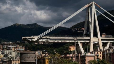 A picture shows the collapsed Morandi motorway bridge in Genoa on 2 September, 2018.