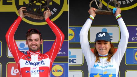 A split image of 2021 Tour of Flanders men's and women's champions Kasper Asgreen (left) and Annemiek van Vleuten (right) holding up their trophies on the podium