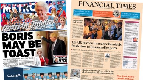 The headline in the Metro reads 'Boris may be toast' and The headline in the Financial Times reads 'EU-UK pact on insurance ban deals fresh blow to Russian oil exports'