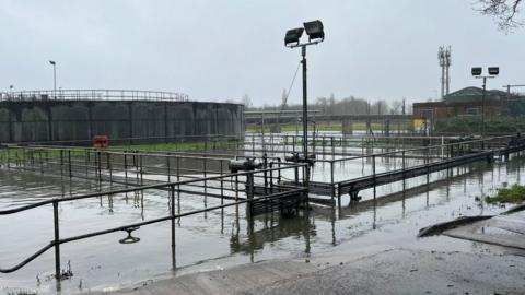 Horley Sewage Treatment works underwater after a flood