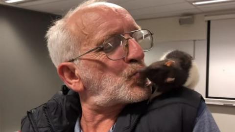 Man with rat on his shoulder