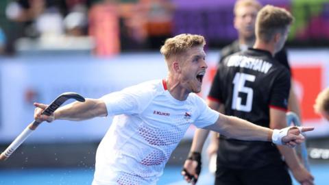 England's Nicholas Bandurak celebrates scoring their fourth goal