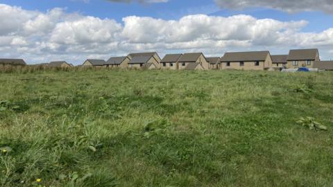 A field with a housing development in the background